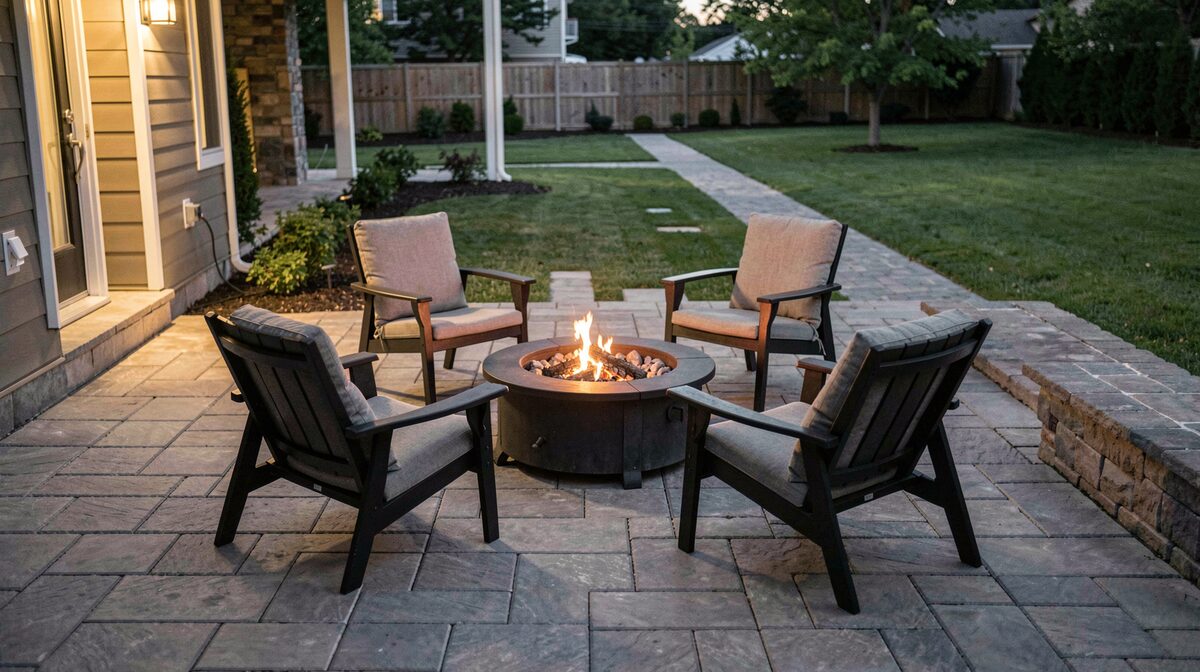 A paved patio at dusk with a low fire pit as the focal point, four chairs arranged in a loose arc facing it, a clear walking lane behind the chairs, and a warm low light along the path from the door.