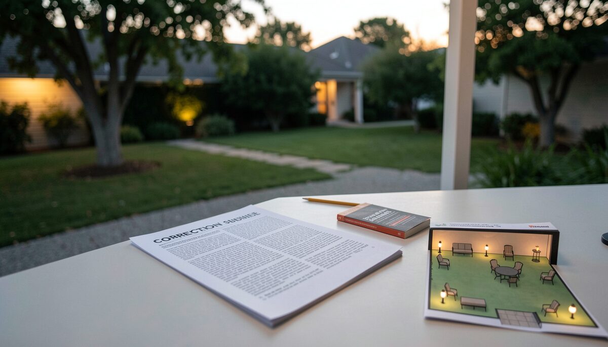 A correction note beside a patio article printout, a primary-source bookmark and a pencil.