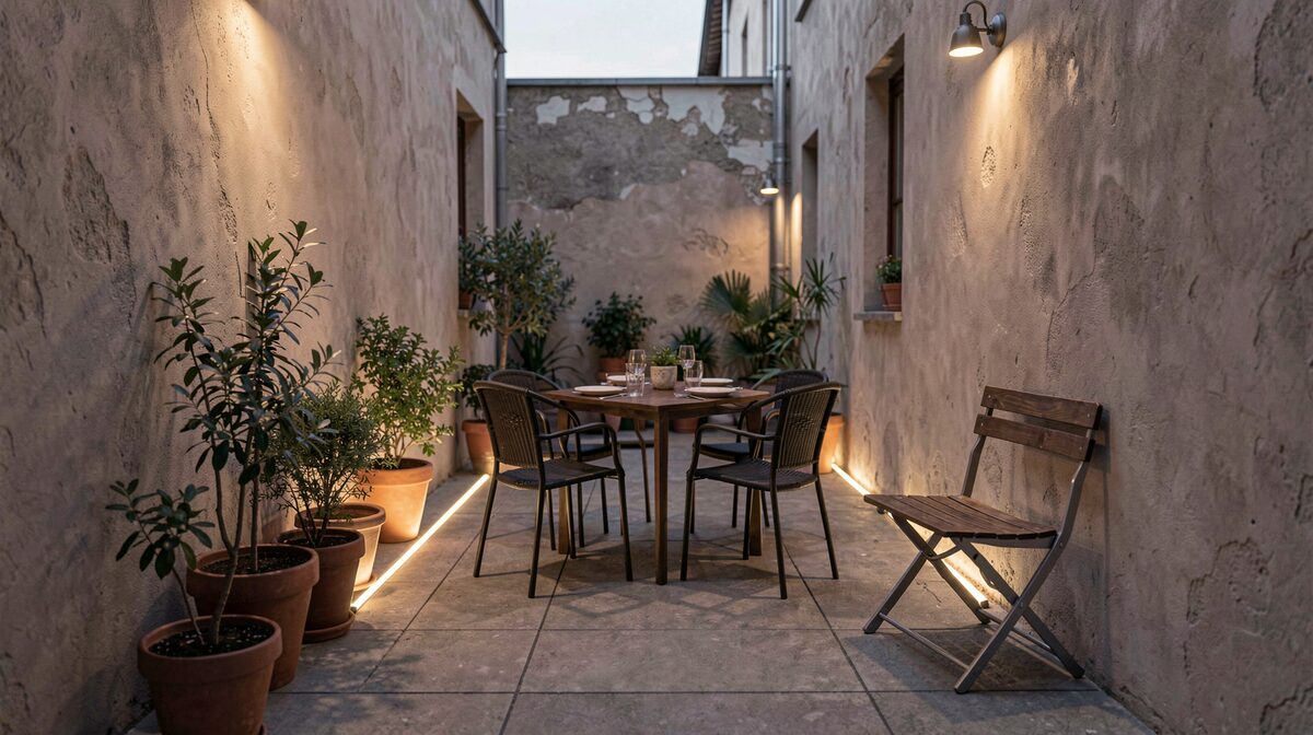 A narrow courtyard terrace at dusk with a small dining table set for four, one clear lit walking strip along the wall, potted plants and a folded chair pushed to the edge, warm low light from a single wall lamp.
