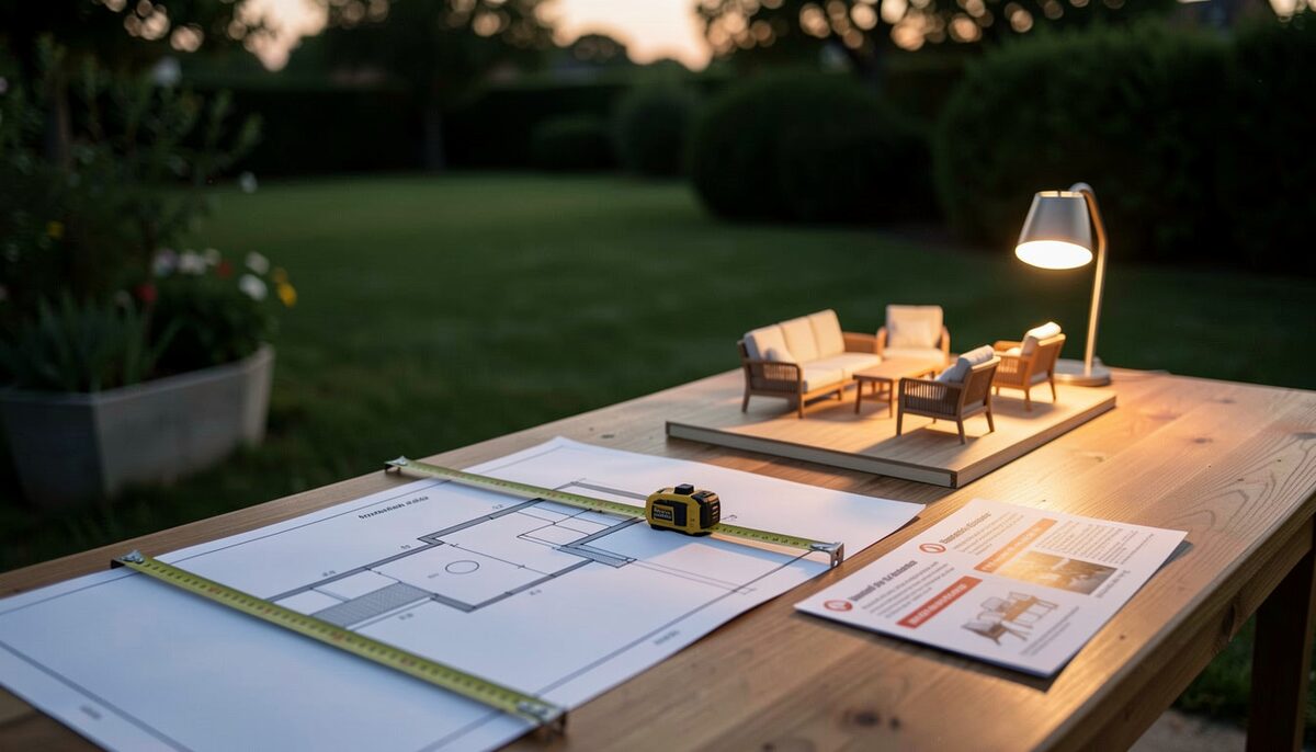 An outdoor planning table with a patio sketch, a measuring tape and a small lamp beside published guidance notes.