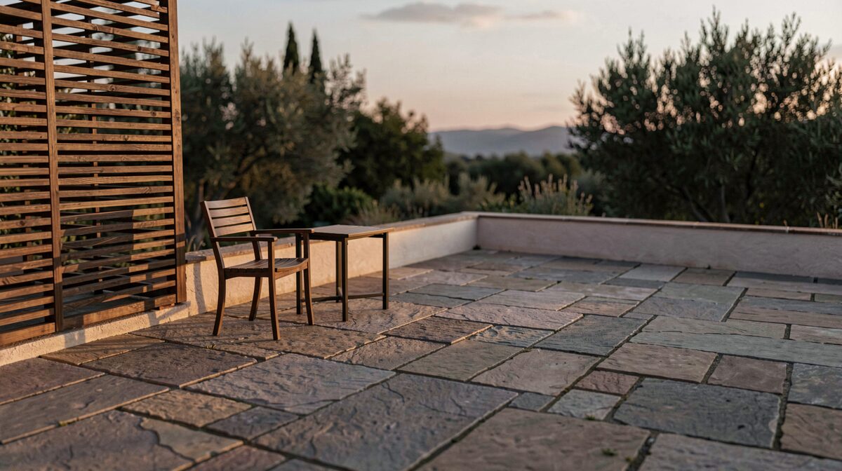 A stone-paved terrace at dusk with a low slatted wooden screen on the left, a small table and two chairs, the last sunlight catching the edge of the paving, shot from a slightly elevated angle.
