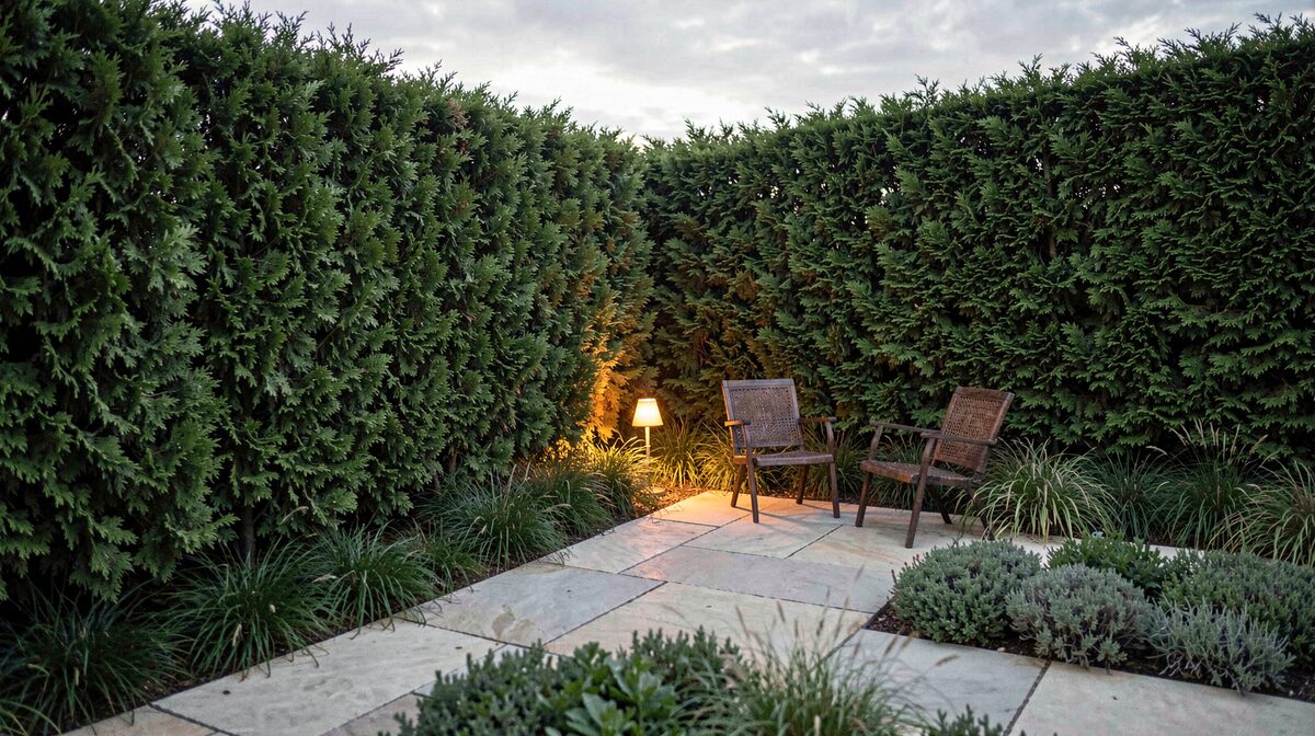 A small stone terrace at dusk with a dense evergreen hedge along the windward edge, a low band of grasses bordering pale paving, and two chairs set in the sheltered corner, lit by a single low warm lamp.