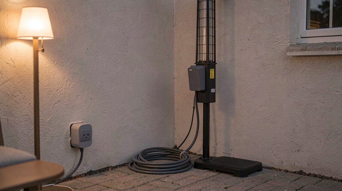 A dusk patio corner with a wall-mounted covered outdoor socket beside a closed patio heater and a coil of cable resting on paving stones, warm lamp light from the left, framed at waist height in a medium horizontal shot.