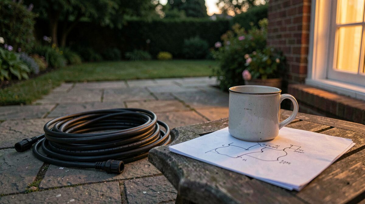 A paved patio at dusk with a coiled outdoor cable, a reel of conduit and a hand-drawn route sketch weighted down by a mug on a garden table, warm light from a nearby window.
