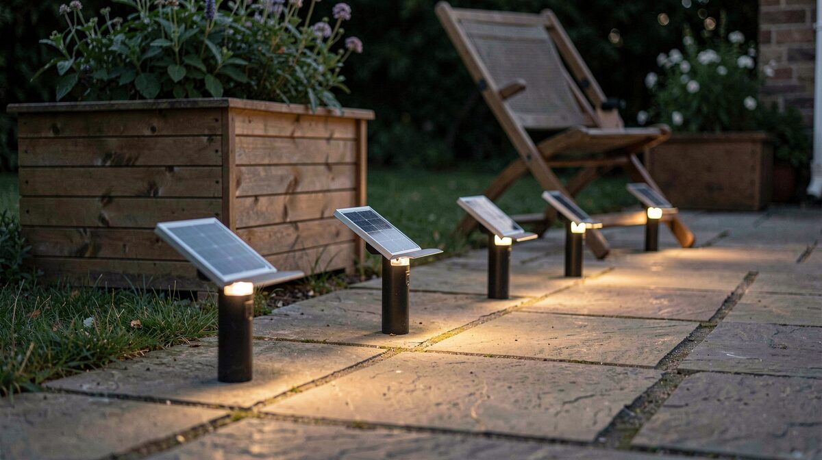 A row of low solar path lights along a stone patio edge at dusk, each with a small panel tilted toward the last of the western light, a wooden planter and a folded chair just behind them.